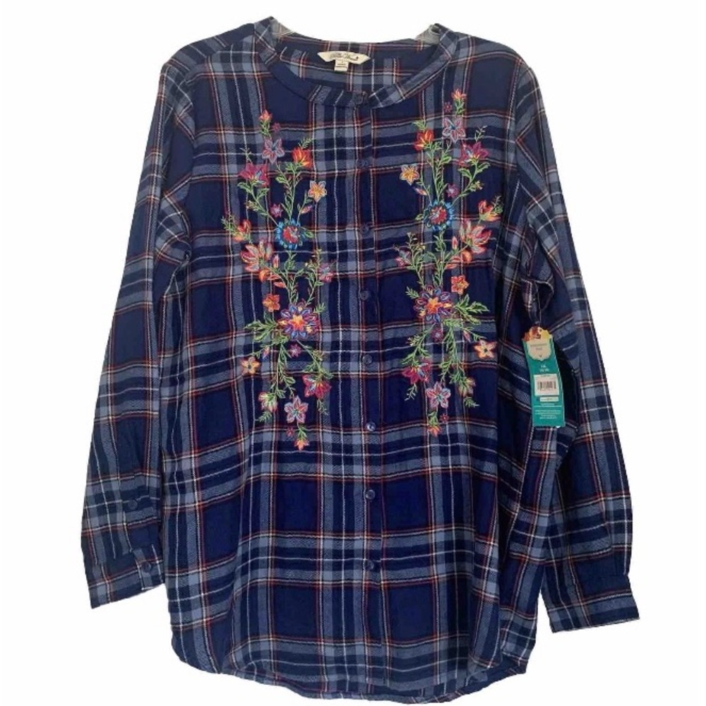 Pioneer Woman Shirt Blue Plaid Floral Embroidered Button Blouse Sz L 12/14 NEW!